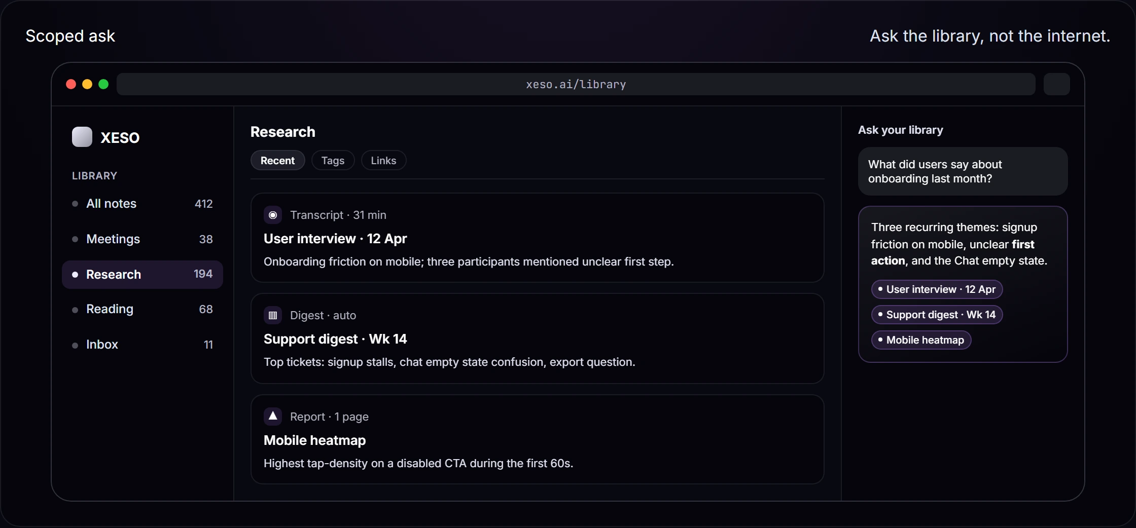 Product peek: Ask across a persistent library. — product screenshot