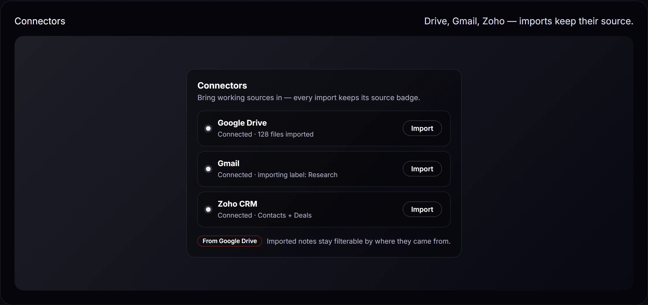 Connectors: Drive, Gmail, and Zoho arrive with their source. — product screenshot