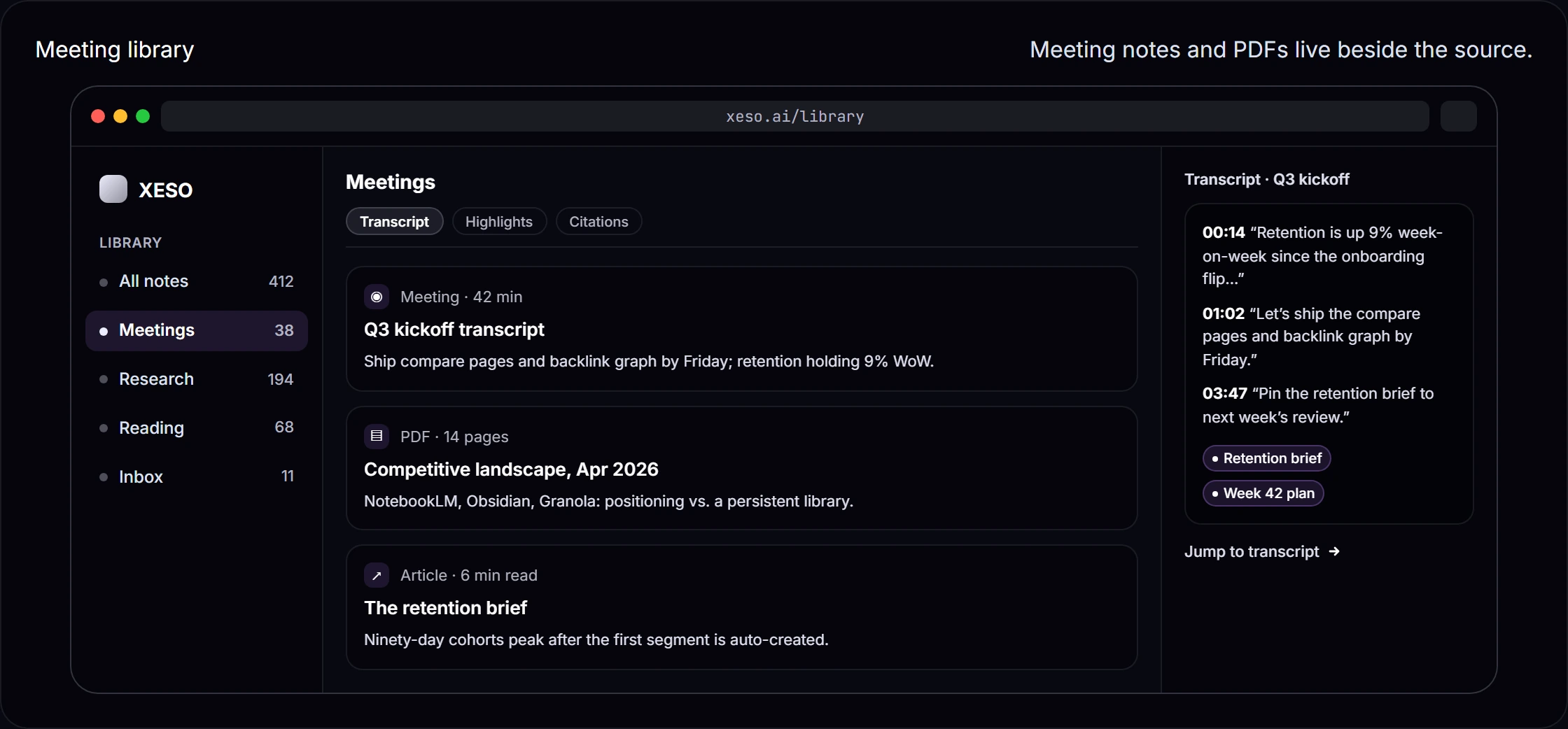 Library: One library. Notes, papers, meetings, the lot. — product screenshot